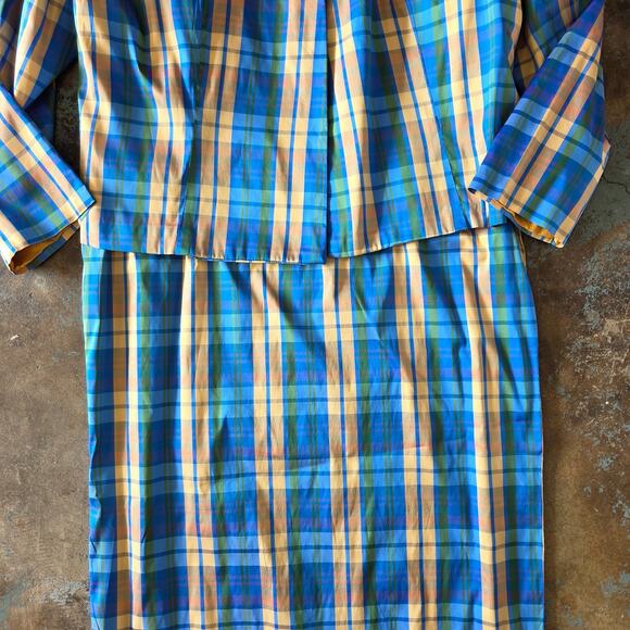 Vintage 60s Style Plaid Midi Dress and Jacket Set Plus Size 1X Blue Gold Satin - Picture 3 of 14